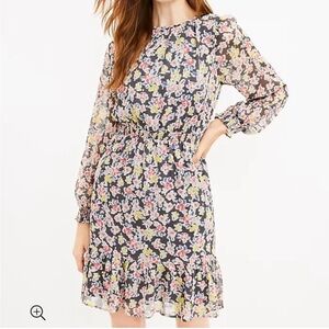 LOFT womens Shimmer Floral Smocked Flounce Dress large tall long sleeve